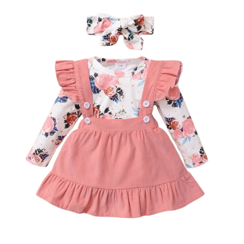 The Channing - Baby Pink/ Violet Floral Print Long Sleeve Top + Suspender Skirt + Headband