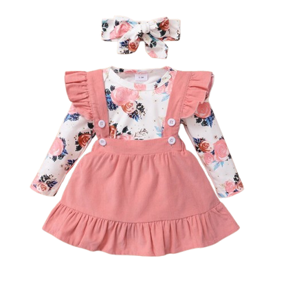 The Channing - Baby Pink/ Violet Floral Print Long Sleeve Top + Suspender Skirt + Headband