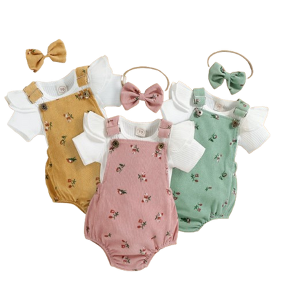 The Monroe - Baby Solid Colour Fly Sleeve, Round Neck Tops + Flower Pattern Suspender