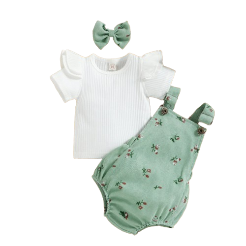 The Monroe - Baby Solid Colour Fly Sleeve, Round Neck Tops + Flower Pattern Suspender