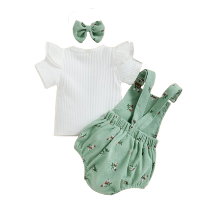 The Monroe - Baby Solid Colour Fly Sleeve, Round Neck Tops + Flower Pattern Suspender