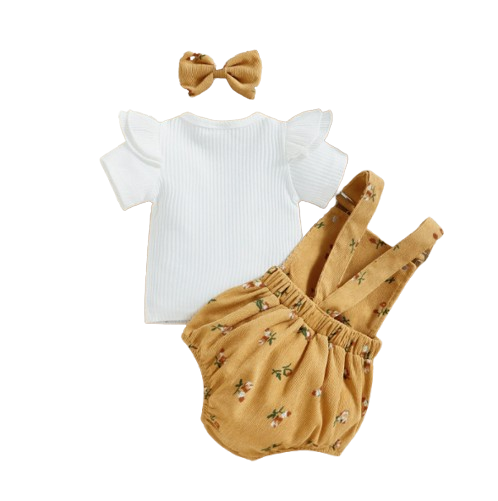 The Monroe - Baby Solid Colour Fly Sleeve, Round Neck Tops + Flower Pattern Suspender