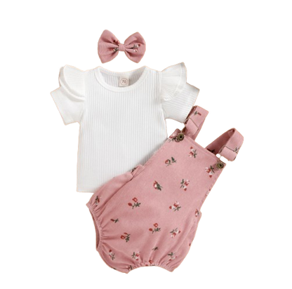 The Monroe - Baby Solid Colour Fly Sleeve, Round Neck Tops + Flower Pattern Suspender