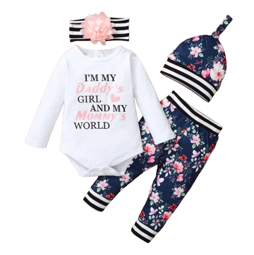 The Everly - 4pcs Long Sleeve Romper + Floral Pants + Headwear + Hat