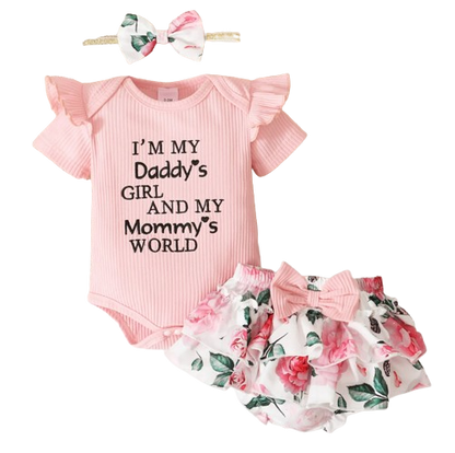 The Alice - Baby Girl Pink Ruffle Short Sleeved Romper + Shorts + Headband