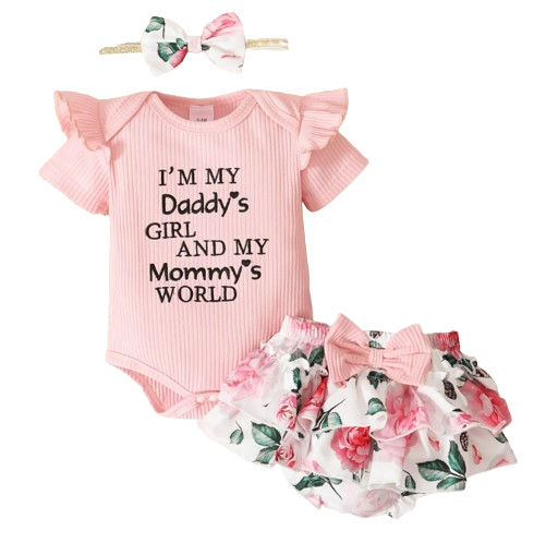 The Alice - Baby Girl Pink Ruffle Short Sleeved Romper + Shorts + Headband