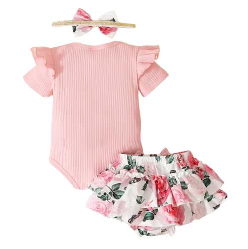 The Alice - Baby Girl Pink Ruffle Short Sleeved Romper + Shorts + Headband