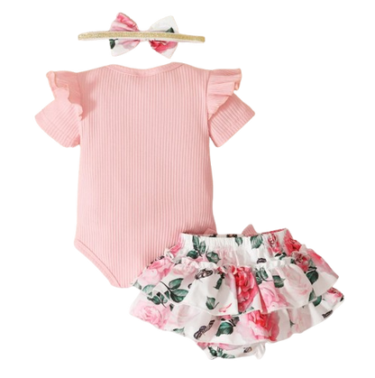 The Alice - Baby Girl Pink Ruffle Short Sleeved Romper + Shorts + Headband