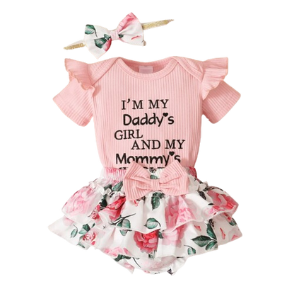 The Alice - Baby Girl Pink Ruffle Short Sleeved Romper + Shorts + Headband