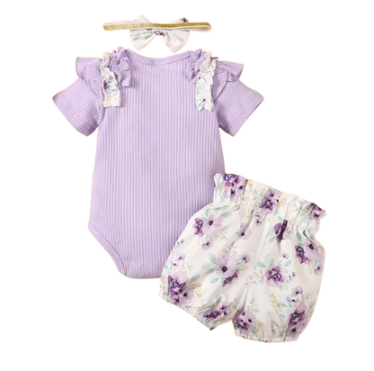 The Sadie - Baby Girl Purple Short Sleeve Romper + Floral Shorts + Headband