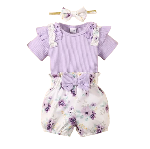 The Sadie - Baby Girl Purple Short Sleeve Romper + Floral Shorts + Headband