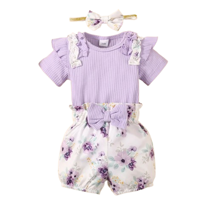 The Sadie - Baby Girl Purple Short Sleeve Romper + Floral Shorts + Headband