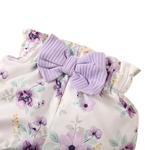 The Sadie - Baby Girl Purple Short Sleeve Romper + Floral Shorts + Headband