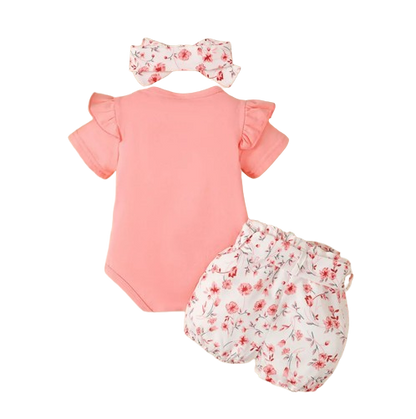 The Josephine - Baby Girl Ruffled Sleeve Rabbit Design Tops + Floral Short + Headband