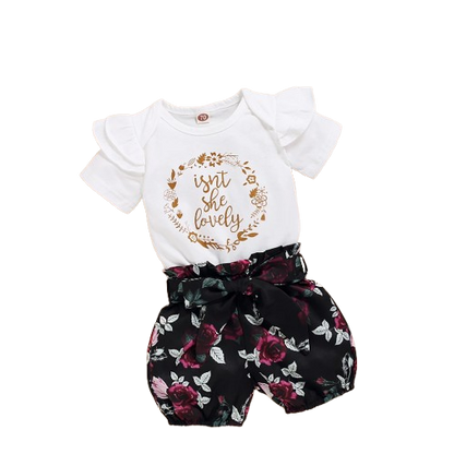 The Brooklyn - Baby Girl Isn't She Lovely Print Tops + Floral Black Shorts + Headband