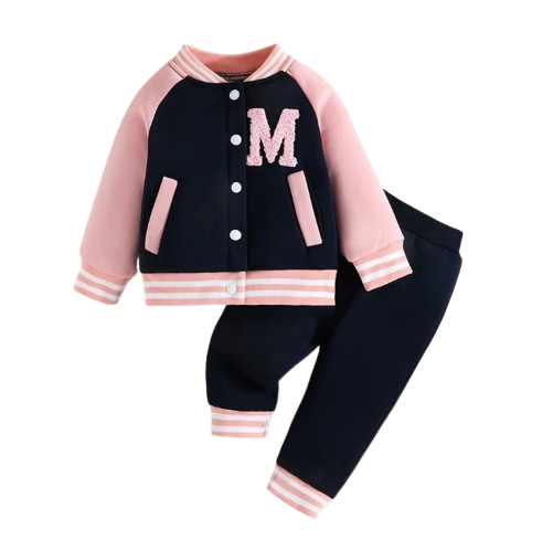 The Ophelia - Baby Girl Pink Letter M Baseball Button Jacket + Pants