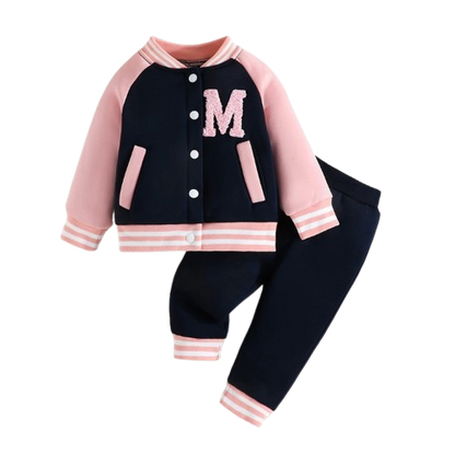 The Ophelia - Baby Girl Pink Letter M Baseball Button Jacket + Pants