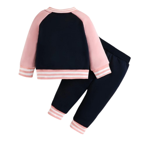 The Ophelia - Baby Girl Pink Letter M Baseball Button Jacket + Pants