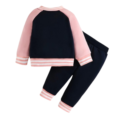 The Ophelia - Baby Girl Pink Letter M Baseball Button Jacket + Pants