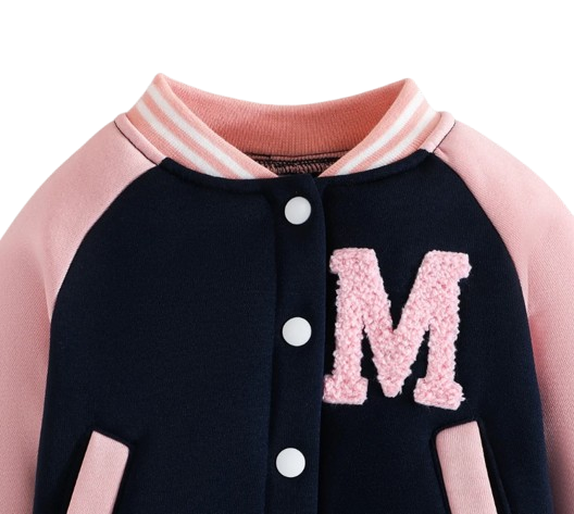 The Ophelia - Baby Girl Pink Letter M Baseball Button Jacket + Pants