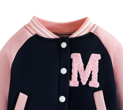 The Ophelia - Baby Girl Pink Letter M Baseball Button Jacket + Pants