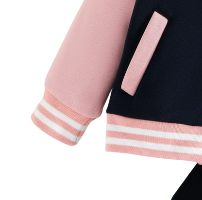 The Ophelia - Baby Girl Pink Letter M Baseball Button Jacket + Pants