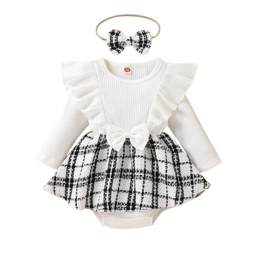 The Aspen - Baby Girl White Ruffle Sleeve Plaid Romper & Headband