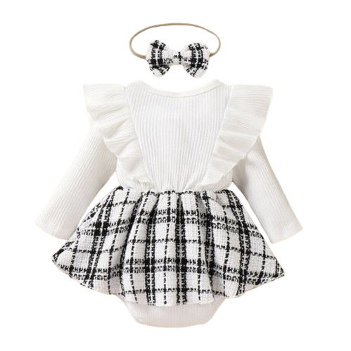 The Aspen - Baby Girl White Ruffle Sleeve Plaid Romper & Headband