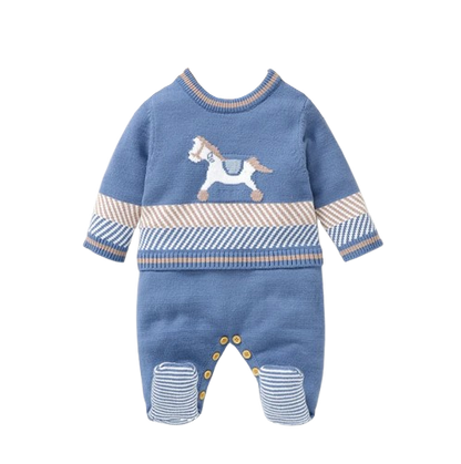 The Grayson - Baby Boy Blue Horse Print Crew Neck Long Sleeve Knitted Romper