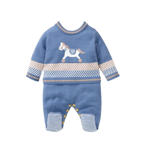 The Grayson - Baby Boy Blue Horse Print Crew Neck Long Sleeve Knitted Romper