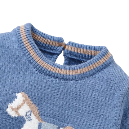 The Grayson - Baby Boy Blue Horse Print Crew Neck Long Sleeve Knitted Romper