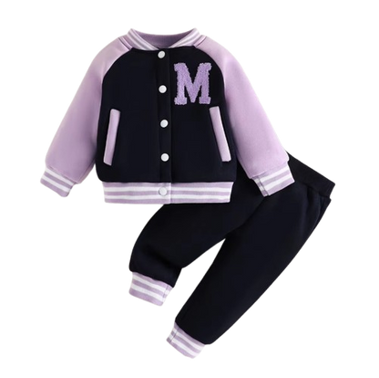 The Ophelia - Baby Girl Purple Letter M Baseball Button Jacket + Pants