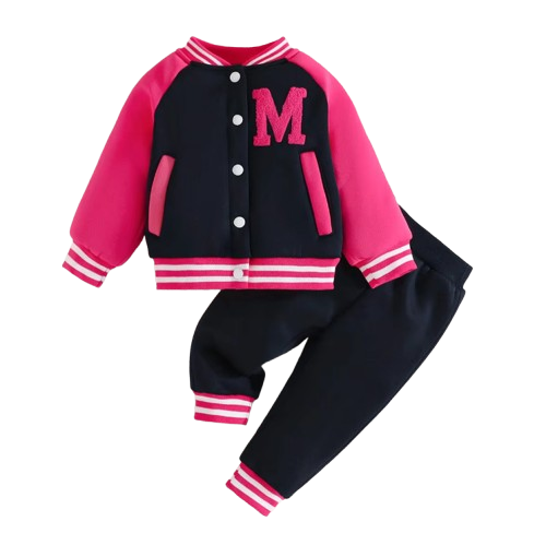 The Ophelia - Baby Girl Dark Pink Letter M Baseball Button Jacket + Pants