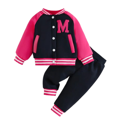 The Ophelia - Baby Girl Dark Pink Letter M Baseball Button Jacket + Pants