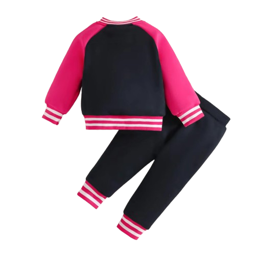 The Ophelia - Baby Girl Dark Pink Letter M Baseball Button Jacket + Pants