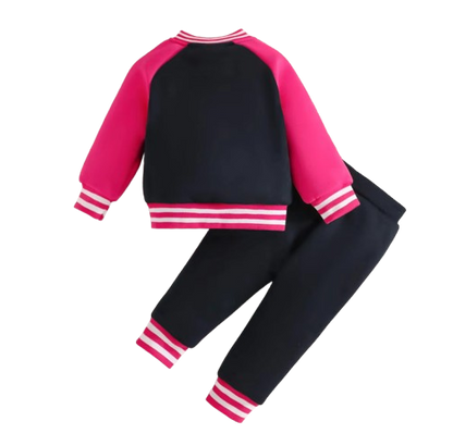 The Ophelia - Baby Girl Dark Pink Letter M Baseball Button Jacket + Pants