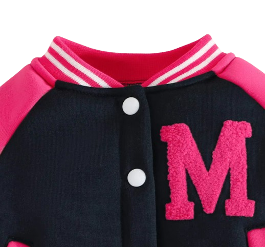 The Ophelia - Baby Girl Dark Pink Letter M Baseball Button Jacket + Pants