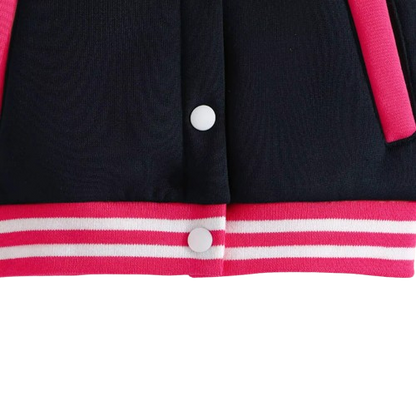 The Ophelia - Baby Girl Dark Pink Letter M Baseball Button Jacket + Pants