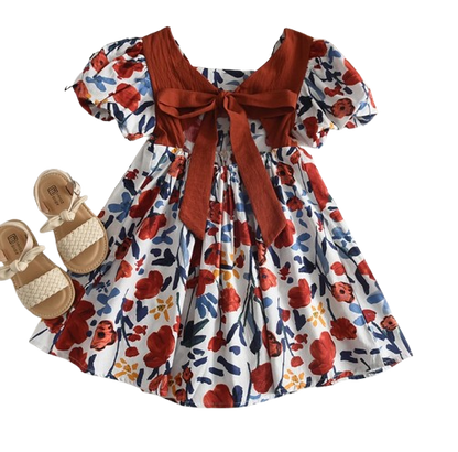 The Aurora - Baby Girl Floral Princess Dress Backless Tie Bow Puff Sleeve