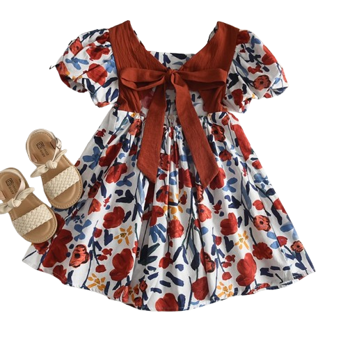 The Aurora - Baby Girl Floral Princess Dress Backless Tie Bow Puff Sleeve