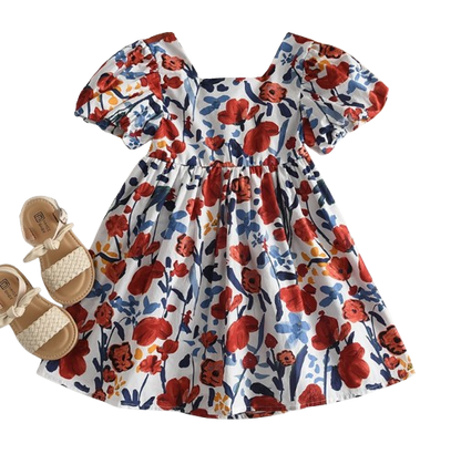 The Aurora - Baby Girl Floral Princess Dress Backless Tie Bow Puff Sleeve