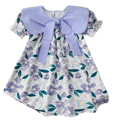 The Ava - Baby Girl Flip Neck Bow Flower Print Bubble Sleeve Dress