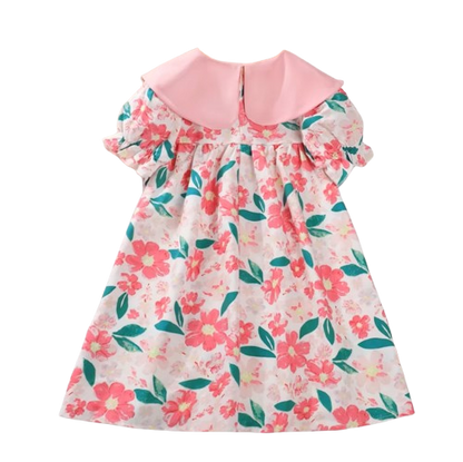 The Ava - Baby Girl Flip Neck Bow Flower Print Bubble Sleeve Dress