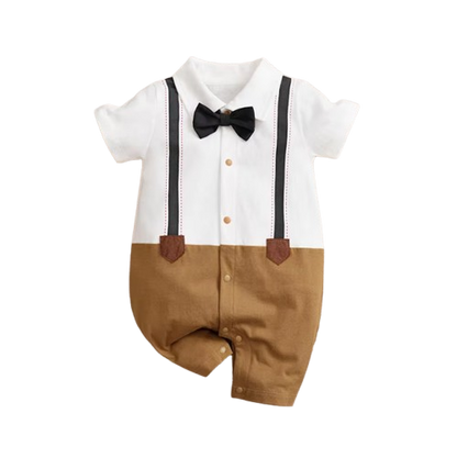 The Braxton - Baby Boy Fake Shoulder Strap Bow Tie Short Sleeved Jumpsuit