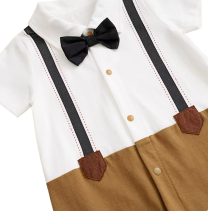 The Braxton - Baby Boy Fake Shoulder Strap Bow Tie Short Sleeved Jumpsuit