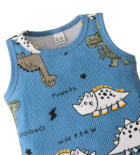 The Ayden - Baby Boy Dinosaur Cartoon Blue Sleeveless Shirt + Shorts