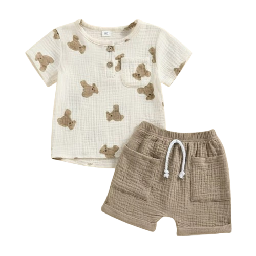 The Andres - Baby Boy Bear Print Short Sleeve Pocket T-shirts Tops + Drawstring Shorts