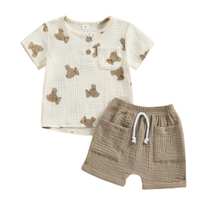 The Andres - Baby Boy Bear Print Short Sleeve Pocket T-shirts Tops + Drawstring Shorts