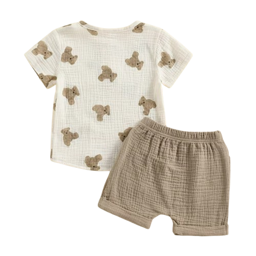 The Andres - Baby Boy Bear Print Short Sleeve Pocket T-shirts Tops + Drawstring Shorts