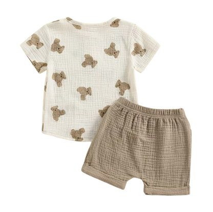 The Andres - Baby Boy Bear Print Short Sleeve Pocket T-shirts Tops + Drawstring Shorts